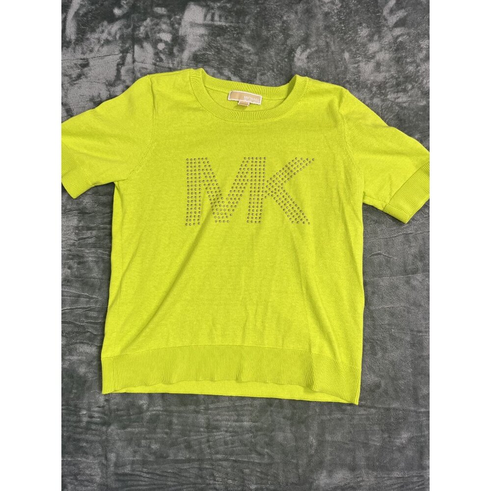 Michael Kors Womens Lime Green Studded "MK" Knit Top Size Small Short Sleeve